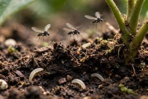 Close-up of fungus gnats and larvae in potting soil