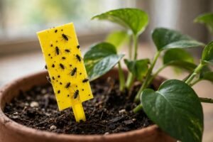 Yellow sticky trap catching fungus gnats in a houseplant pot